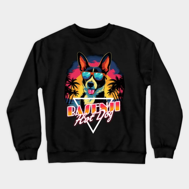 Retro Wave Happy Basenji Hot Dog Shirt Crewneck Sweatshirt by Miami Neon Designs